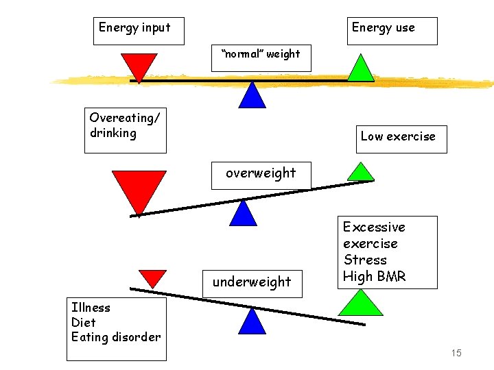 Energy input Energy use “normal” weight Overeating/ drinking Low exercise overweight underweight Excessive exercise