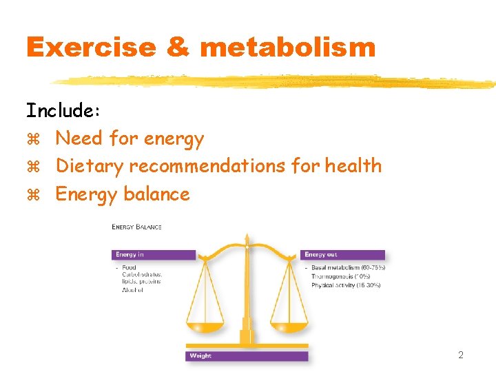 Exercise & metabolism Include: z Need for energy z Dietary recommendations for health z