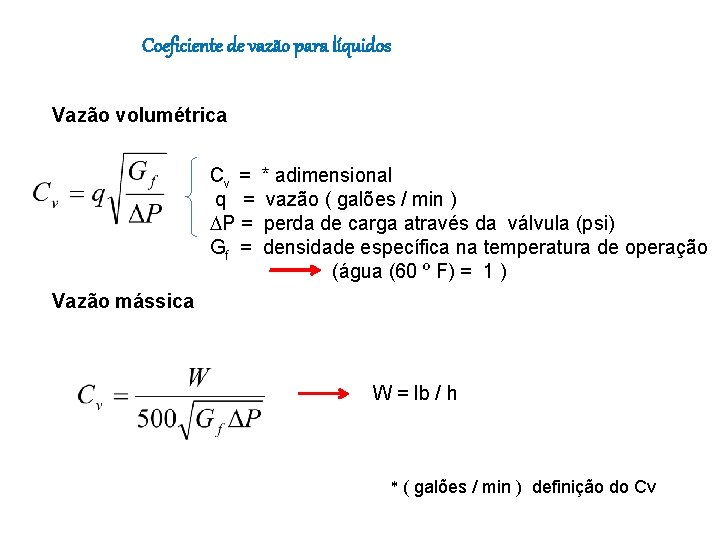 Coeficiente de vazão para líquidos Vazão volumétrica Cv = q = P = Gf