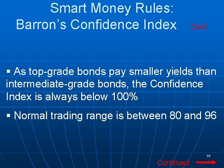 Smart Money Rules: Barron’s Confidence Index Cont. § As top-grade bonds pay smaller yields