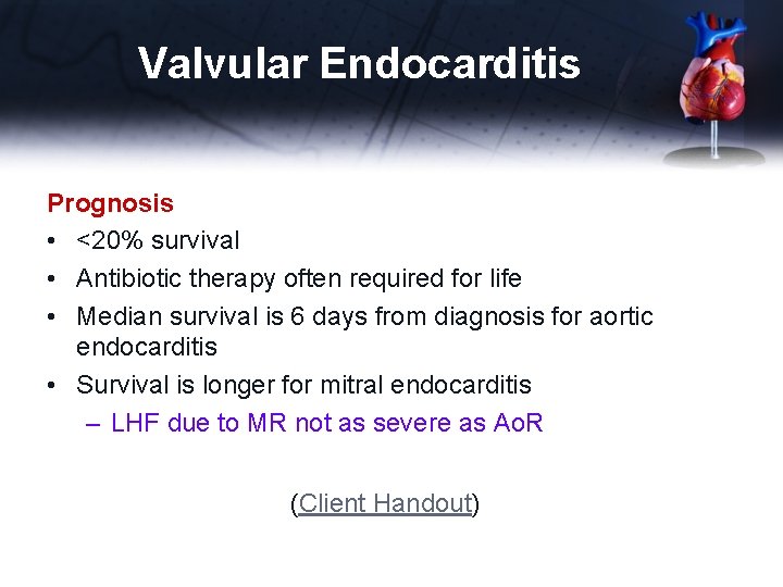 Valvular Endocarditis Prognosis • <20% survival • Antibiotic therapy often required for life •