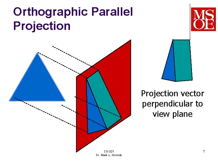 Orthographic Parallel Projection vector perpendicular to view plane CS-321 Dr. Mark L. Hornick 7