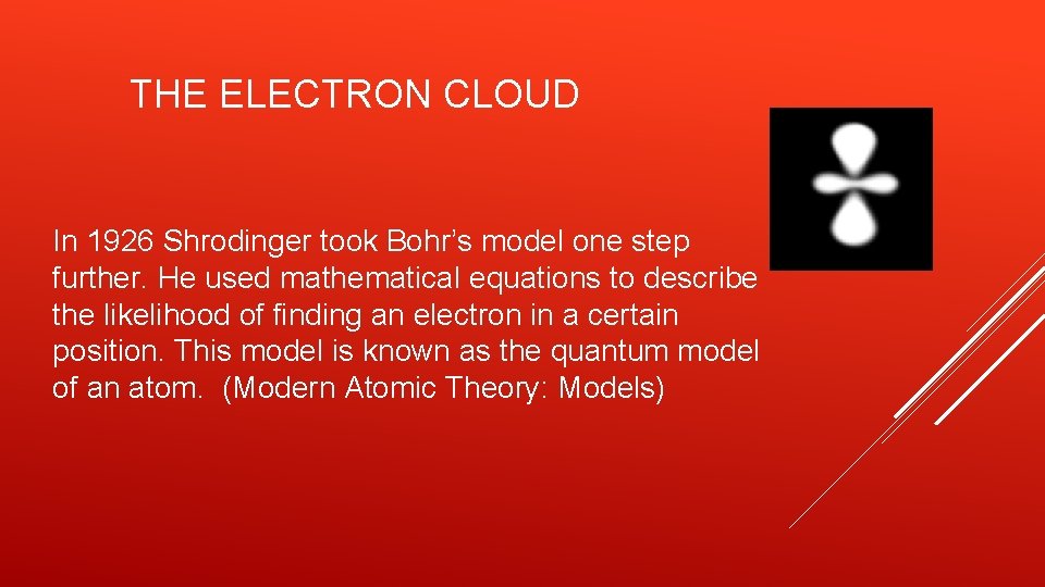 THE ELECTRON CLOUD In 1926 Shrodinger took Bohr’s model one step further. He used