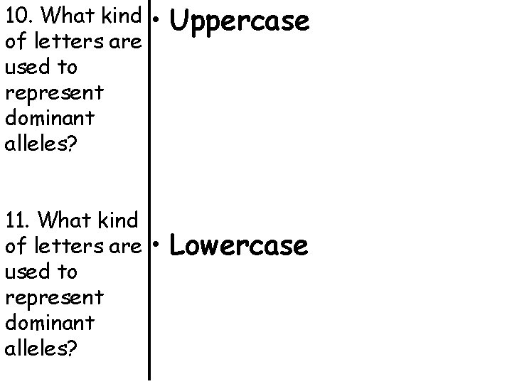 10. What kind of letters are used to represent dominant alleles? 11. What kind 10. What kind of letters are used to represent dominant alleles? 11. What kind