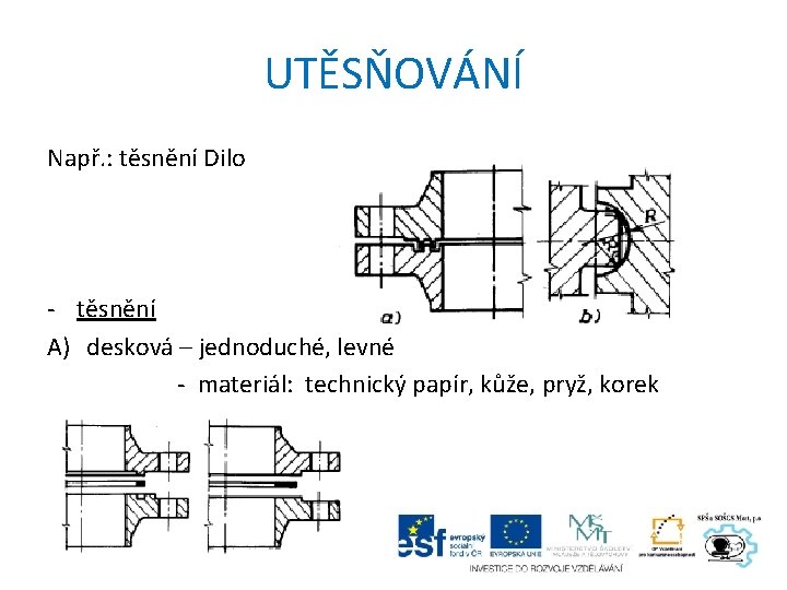 UTĚSŇOVÁNÍ Např. : těsnění Dilo - těsnění A) desková – jednoduché, levné - materiál: