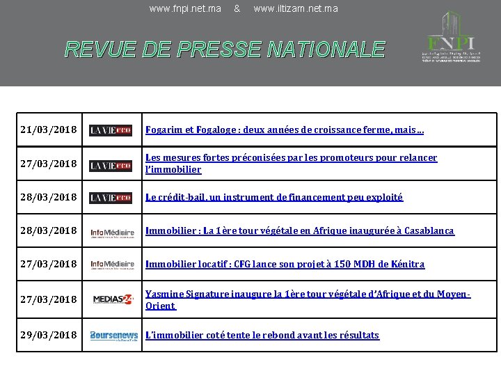 www. fnpi. net. ma & www. iltizam. net. ma REVUE DE PRESSE NATIONALE 21/03/2018