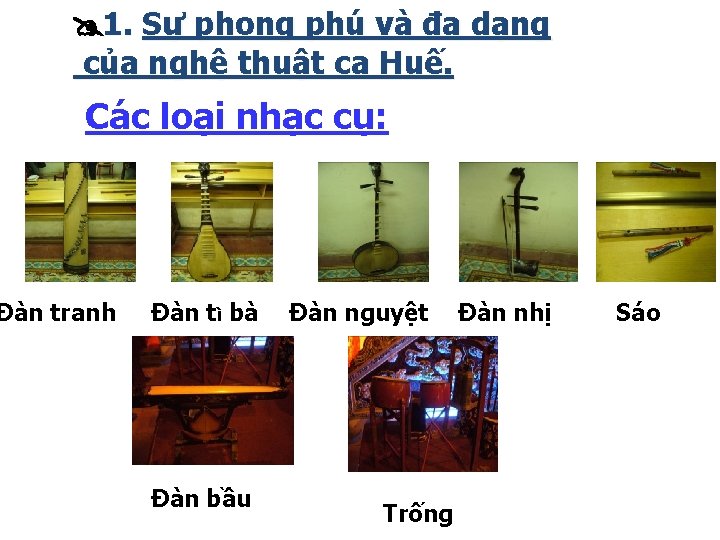  1. Sự phong phú và đa dạng của nghệ thuật ca Huế. Các