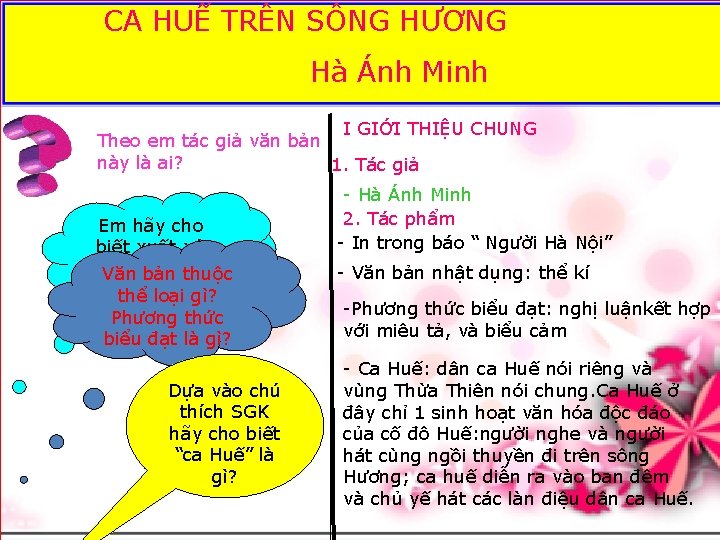 CA HUẾ TRÊN SÔNG HƯƠNG Hà Ánh Minh I GIỚI THIỆU CHUNG Theo em