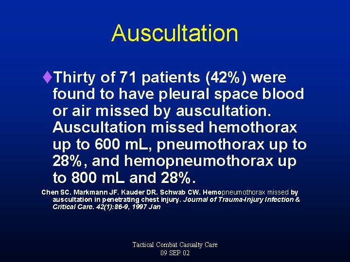 Auscultation t. Thirty of 71 patients (42%) were found to have pleural space blood