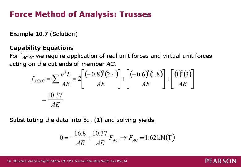 Force Method of Analysis: Trusses Example 10. 7 (Solution) Capability Equations For f. AC