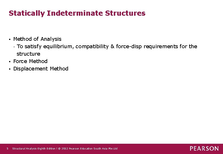 Statically Indeterminate Structures Method of Analysis - To satisfy equilibrium, compatibility & force-disp requirements
