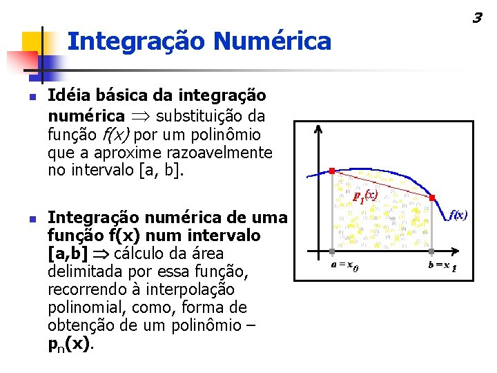 Integração Numérica n n Idéia básica da integração numérica substituição da função f(x) por