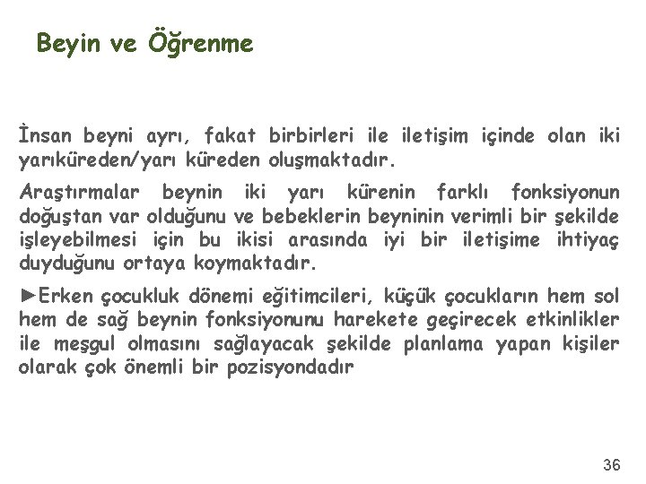 Beyin ve Öğrenme İnsan beyni ayrı, fakat birbirleri iletişim içinde olan iki yarıküreden/yarı küreden