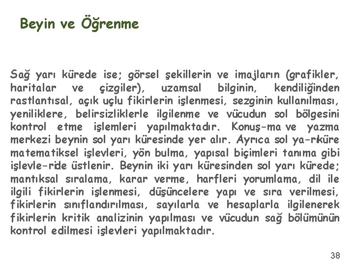 Beyin ve Öğrenme Sağ yarı kürede ise; görsel şekillerin ve imajların (grafikler, haritalar ve