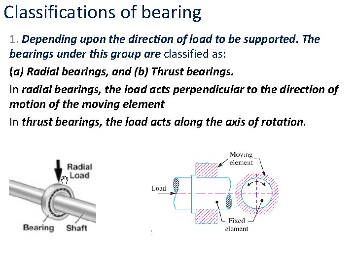 Classifications of bearing 1. Depending upon the direction of load to be supported. The