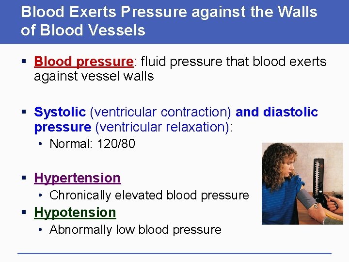 Blood Exerts Pressure against the Walls of Blood Vessels § Blood pressure: fluid pressure