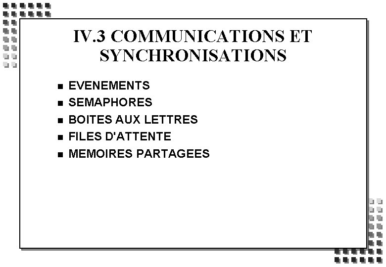 IV. 3 COMMUNICATIONS ET SYNCHRONISATIONS n n n EVENEMENTS SEMAPHORES BOITES AUX LETTRES FILES