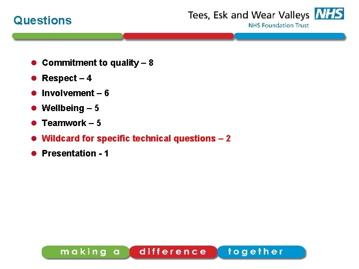 Questions l Commitment to quality – 8 l Respect – 4 l Involvement –