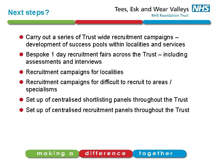 Next steps? l Carry out a series of Trust wide recruitment campaigns – development