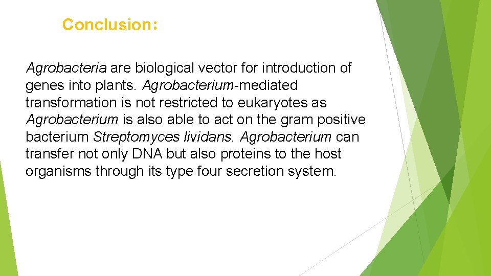 Conclusion: Agrobacteria are biological vector for introduction of genes into plants. Agrobacterium-mediated transformation is