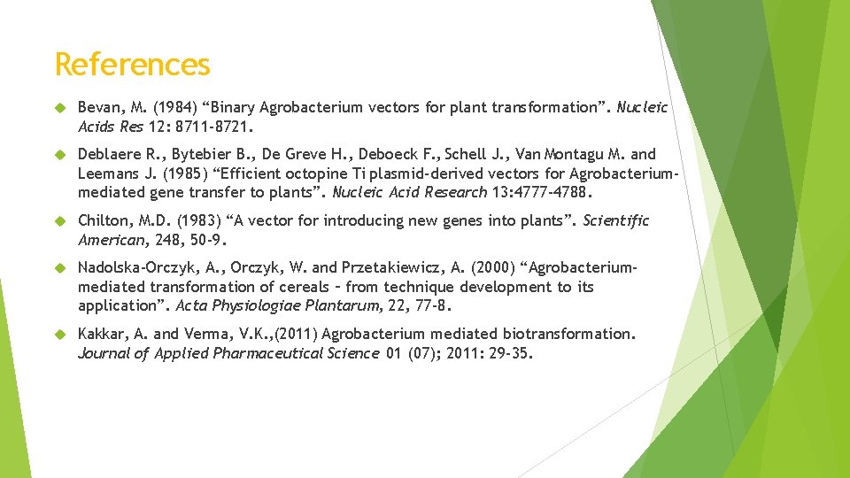 References Bevan, M. (1984) “Binary Agrobacterium vectors for plant transformation”. Nucleic Acids Res 12: