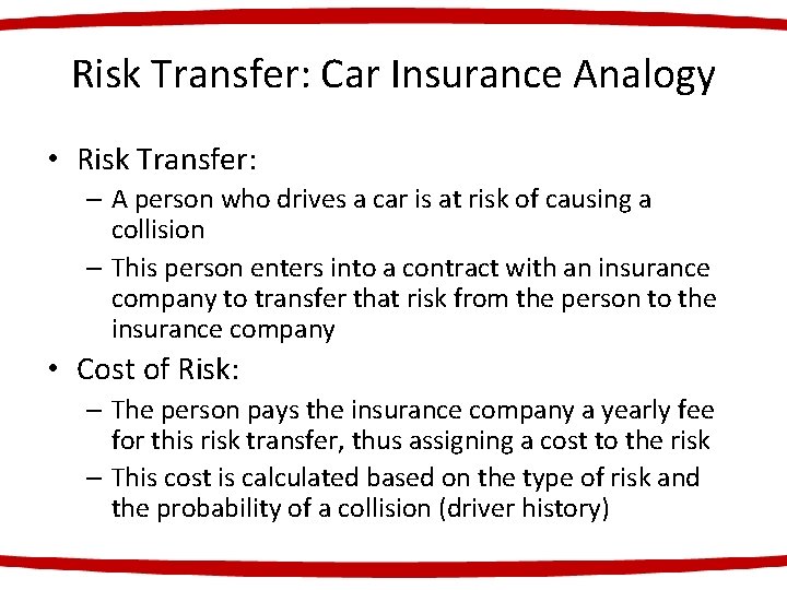 Risk Transfer: Car Insurance Analogy • Risk Transfer: – A person who drives a