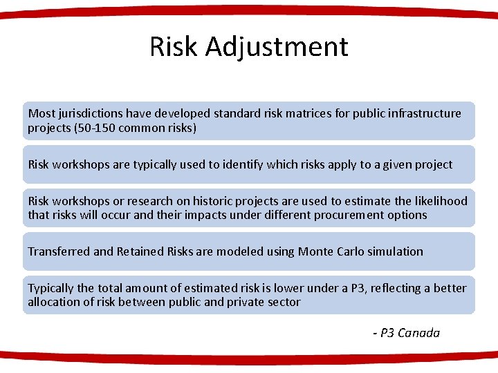 Risk Adjustment Most jurisdictions have developed standard risk matrices for public infrastructure projects (50