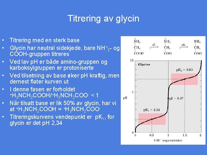 Titrering av glycin • Titrering med en sterk base • Glycin har neutral sidekjede,