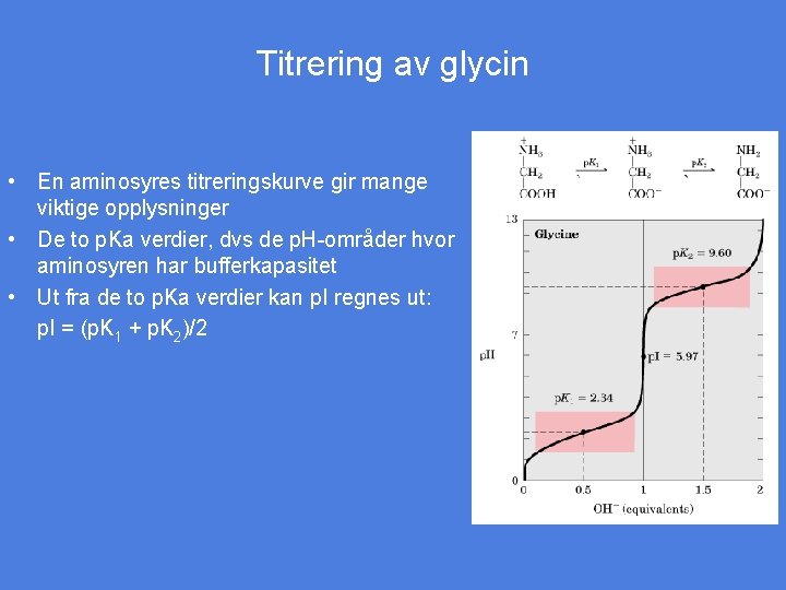 Titrering av glycin • En aminosyres titreringskurve gir mange viktige opplysninger • De to