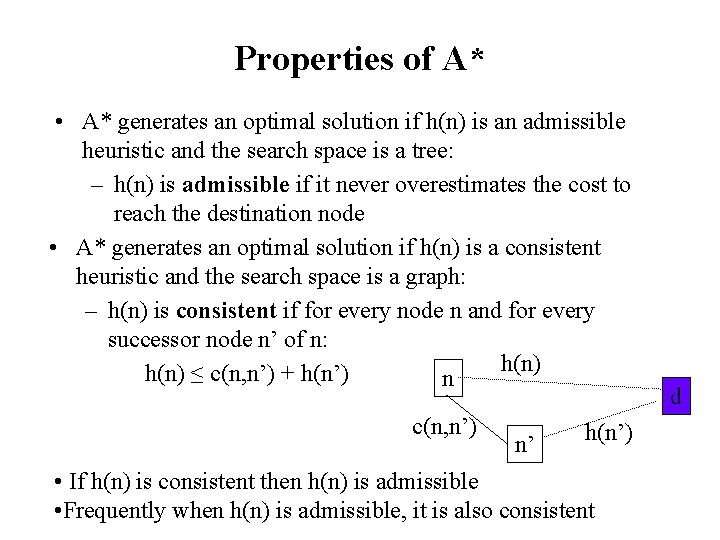 Properties of A* • A* generates an optimal solution if h(n) is an admissible