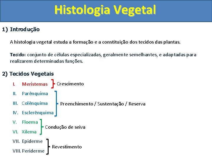 Histologia Vegetal 1) Introdução A histologia vegetal estuda a formação e a constituição dos