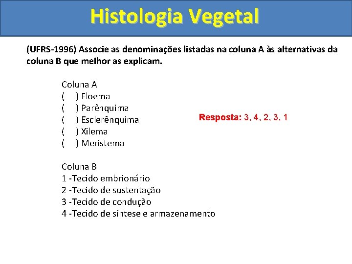 Histologia Vegetal (UFRS-1996) Associe as denominações listadas na coluna A às alternativas da coluna