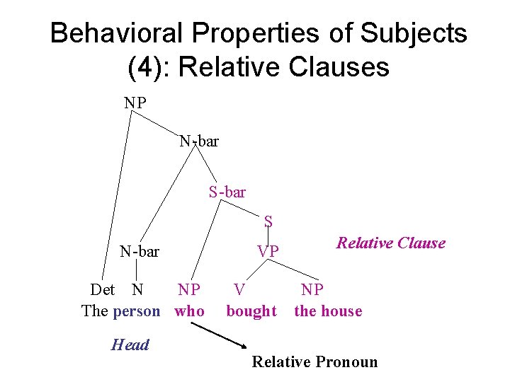 Behavioral Properties of Subjects (4): Relative Clauses NP N-bar S N-bar Det N NP