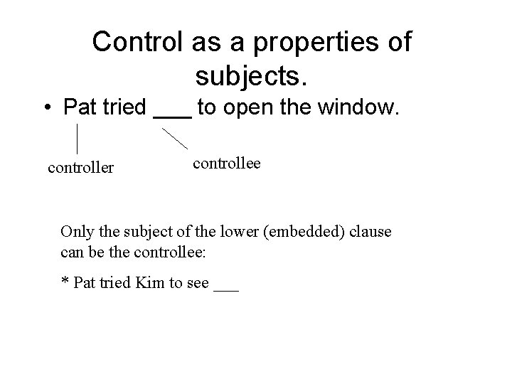 Control as a properties of subjects. • Pat tried ___ to open the window.