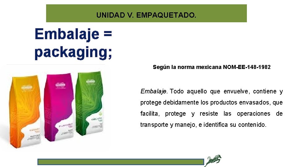 UNIDAD V. EMPAQUETADO. Embalaje = packaging; Según la norma mexicana NOM-EE-148 -1982 Embalaje. Todo