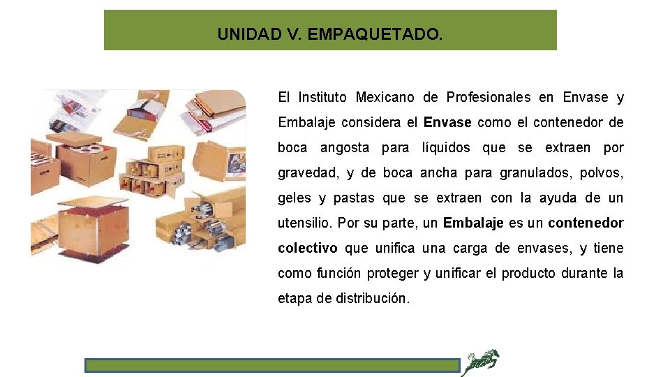 UNIDAD V. EMPAQUETADO. El Instituto Mexicano de Profesionales en Envase y Embalaje considera el