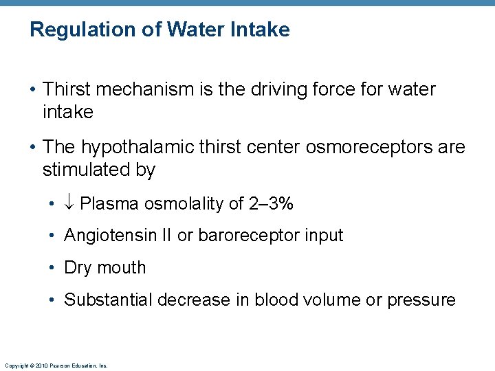 Regulation of Water Intake • Thirst mechanism is the driving force for water intake