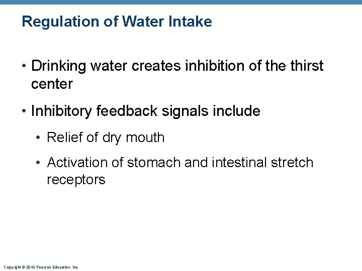 Regulation of Water Intake • Drinking water creates inhibition of the thirst center •