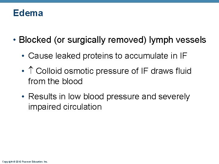 Edema • Blocked (or surgically removed) lymph vessels • Cause leaked proteins to accumulate