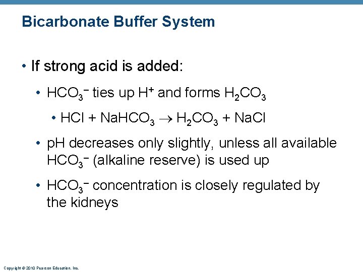 Bicarbonate Buffer System • If strong acid is added: • HCO 3– ties up