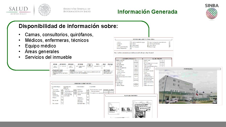 Información Generada Disponibilidad de información sobre: • • • Camas, consultorios, quirófanos, Médicos, enfermeras,