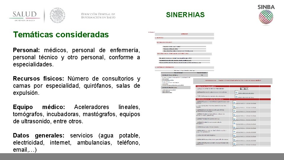 SINERHIAS Temáticas consideradas Personal: médicos, personal de enfermería, personal técnico y otro personal, conforme