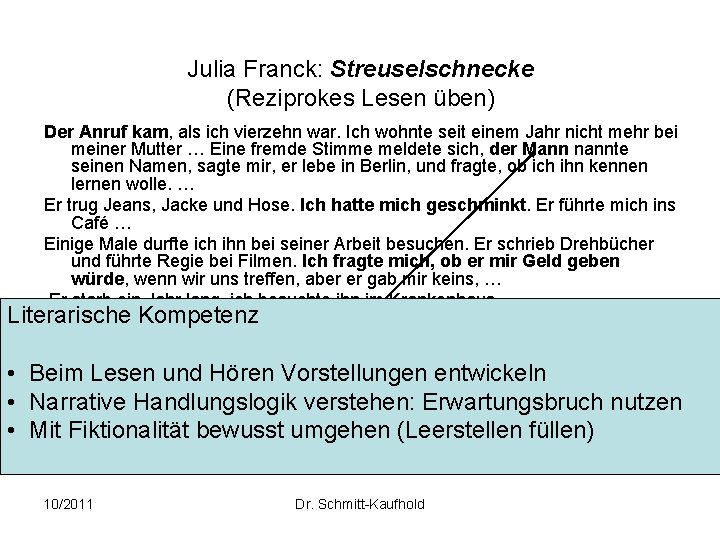 Julia Franck: Streuselschnecke (Reziprokes Lesen üben) Der Anruf kam, als ich vierzehn war. Ich