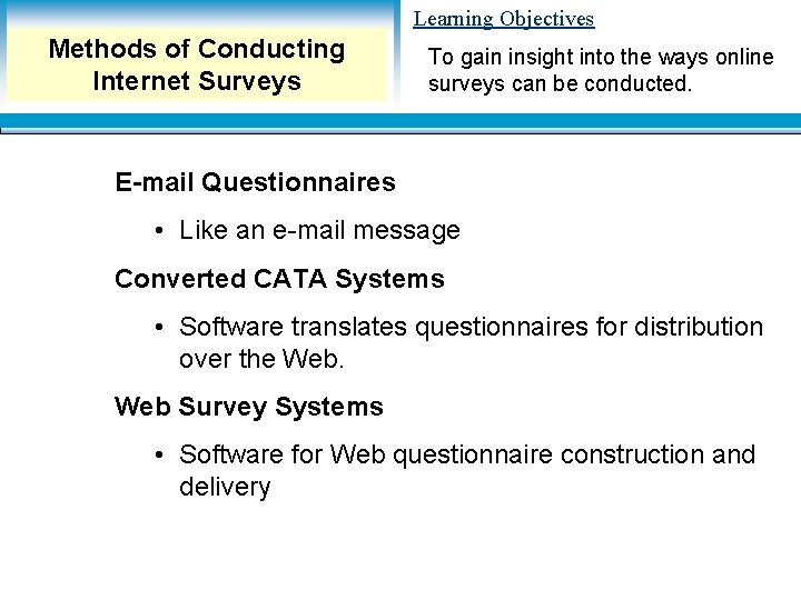 Learning Objectives Methods of Conducting Internet Surveys To gain insight into the ways online