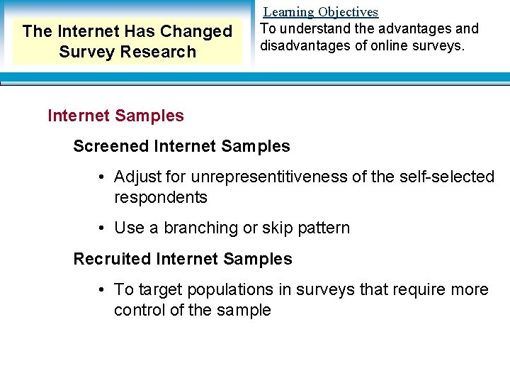 The Internet Has Changed Survey Research Learning Objectives To understand the advantages and disadvantages