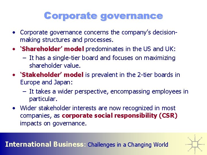Corporate governance • Corporate governance concerns the company’s decisionmaking structures and processes. • ‘Shareholder’