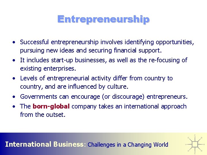 Entrepreneurship • Successful entrepreneurship involves identifying opportunities, pursuing new ideas and securing financial support.