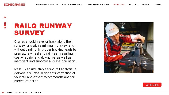 CONSULTATION SERVICES CRITICAL COMPONENTS CRANE RELIABILITY STUDY GEOMETRICS ANALYSIS TRAINING CONTACT RAILQ RUNWAY SURVEY