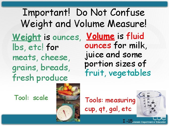 Important! Do Not Confuse Weight and Volume Measure! Weight is ounces, lbs, etc! for