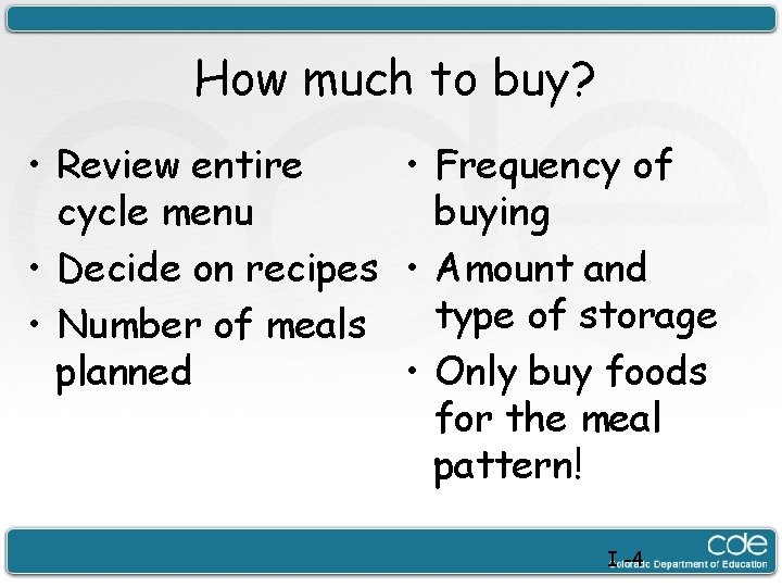 How much to buy? • Frequency of • Review entire buying cycle menu •
